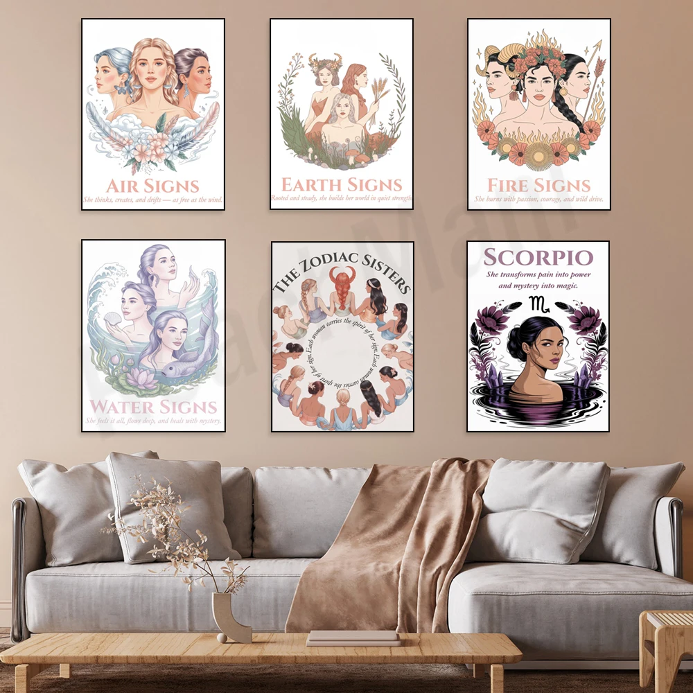 Twelve constellation sisters print, earth sign, fire sign, water sign, air sign, female zodiac illustration decorative poster