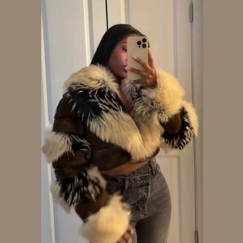 

Fashion Thicken Short Fur Coat for Women Slim Fit Splice Leather Cropped Jacket 2025 Autumn Winter Warm Outwear Lady Streetwear