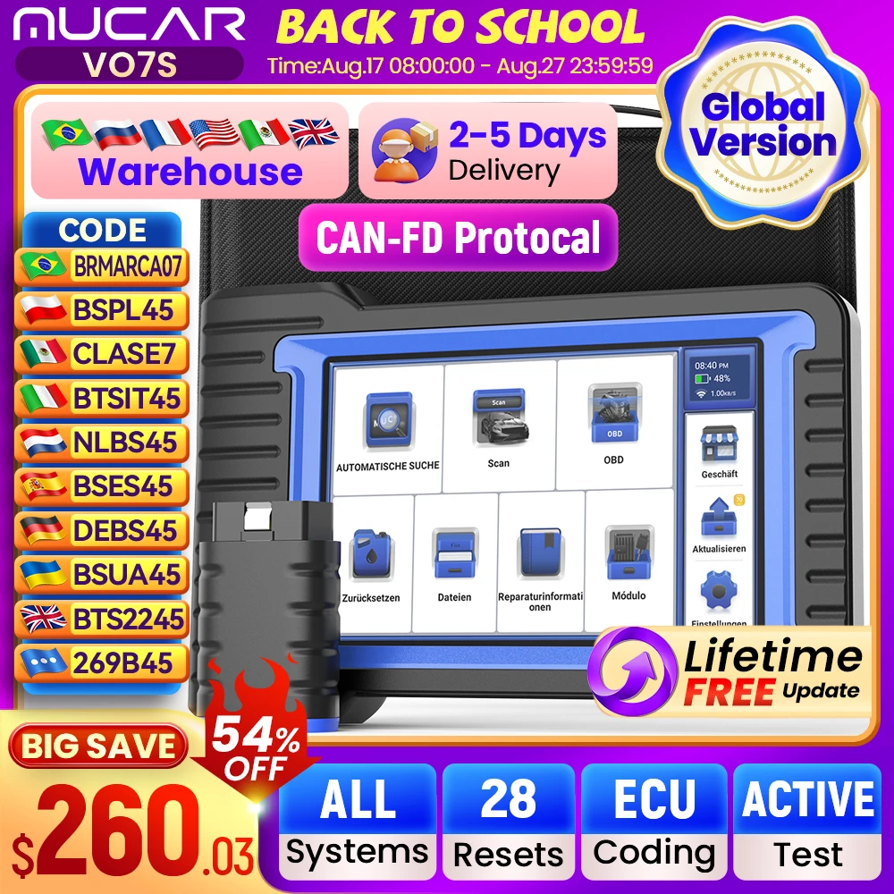 

MUCAR VO7 VO7S CANFD Профессиональные автомобильные диагностические инструменты 28, сброс автомобильного сканера Obd2, автоматическая диагностика, кодирование ЭБУ, двунаправленное