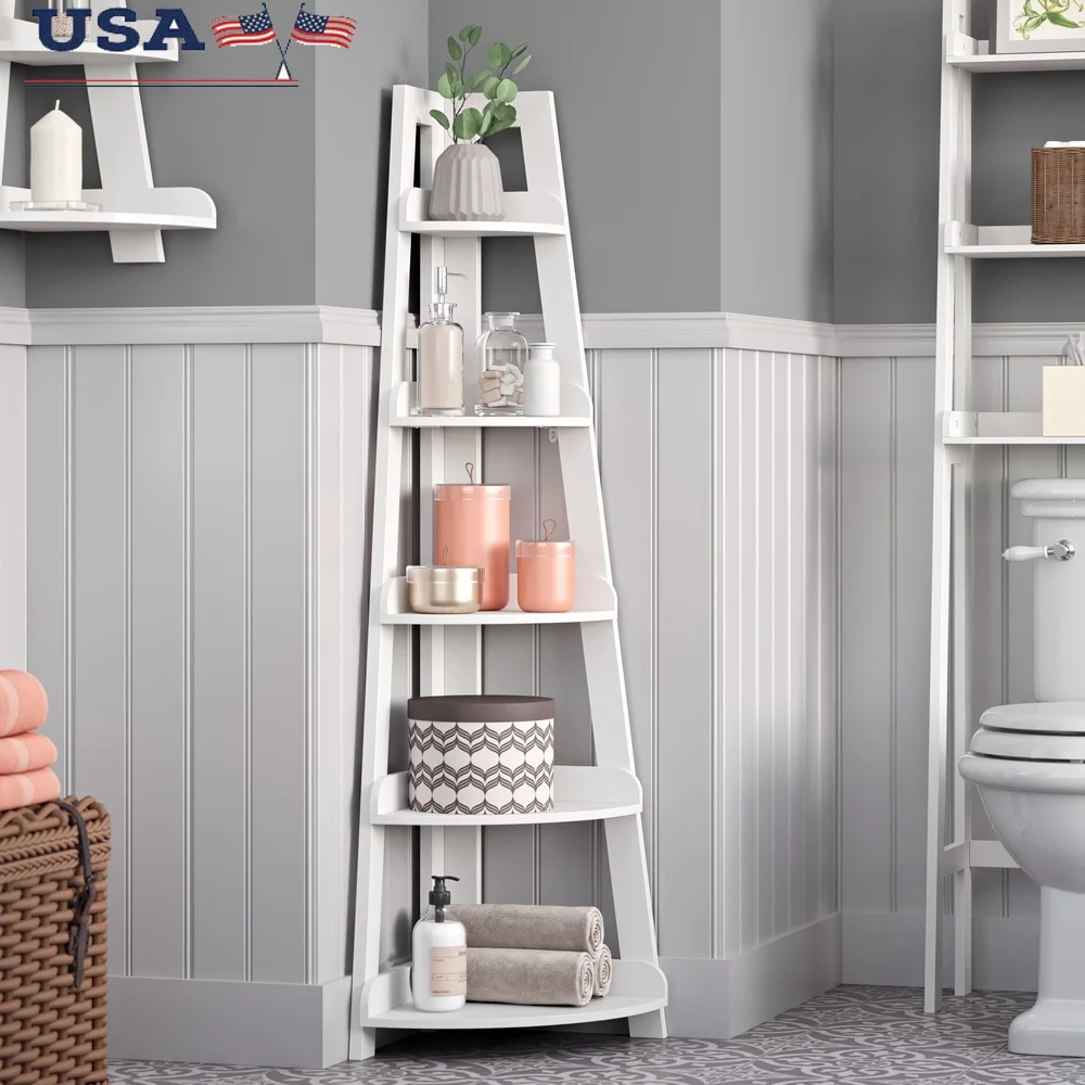 

5-Tier Corner Ladder Shelf Storage Unit Bathroom Living Room Office Display Organizer Adjustable Free-Standing MDF Shelves
