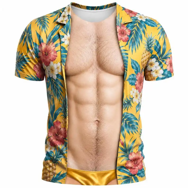 Lustiges Cartoon-Muskel-Print T-Shirt, personalisiertes Hawaii-Hemd, Illusions-T-Shirt, Fake-Open-Brust-Muster, Sommerparty-Geschenk – Detail 5