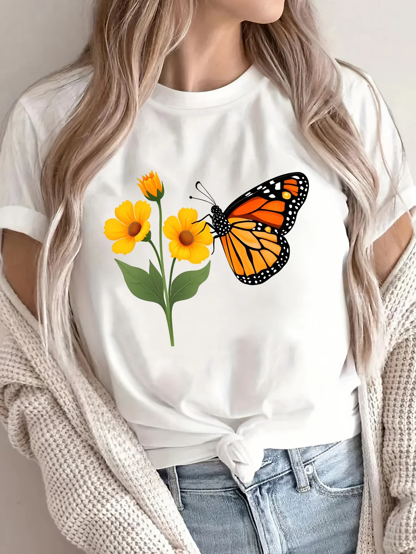 여성용 여름 캐주얼 라운드 넥 티셔츠, 나비와 꽃무늬 프린트 하라주쿠 반팔 캐주얼 미적 의류