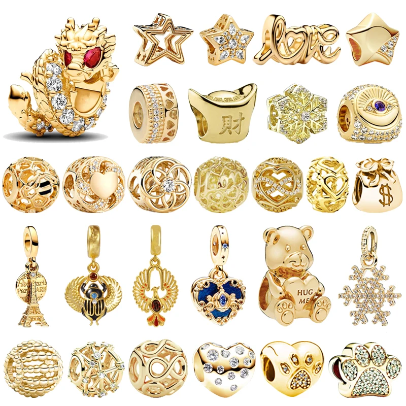 

Gold New Fine Snowflake Dragon Phoenix Stars Paw Print Charm Beads Fit Original European 925 Silver Bracelet DIY Women Jewelry