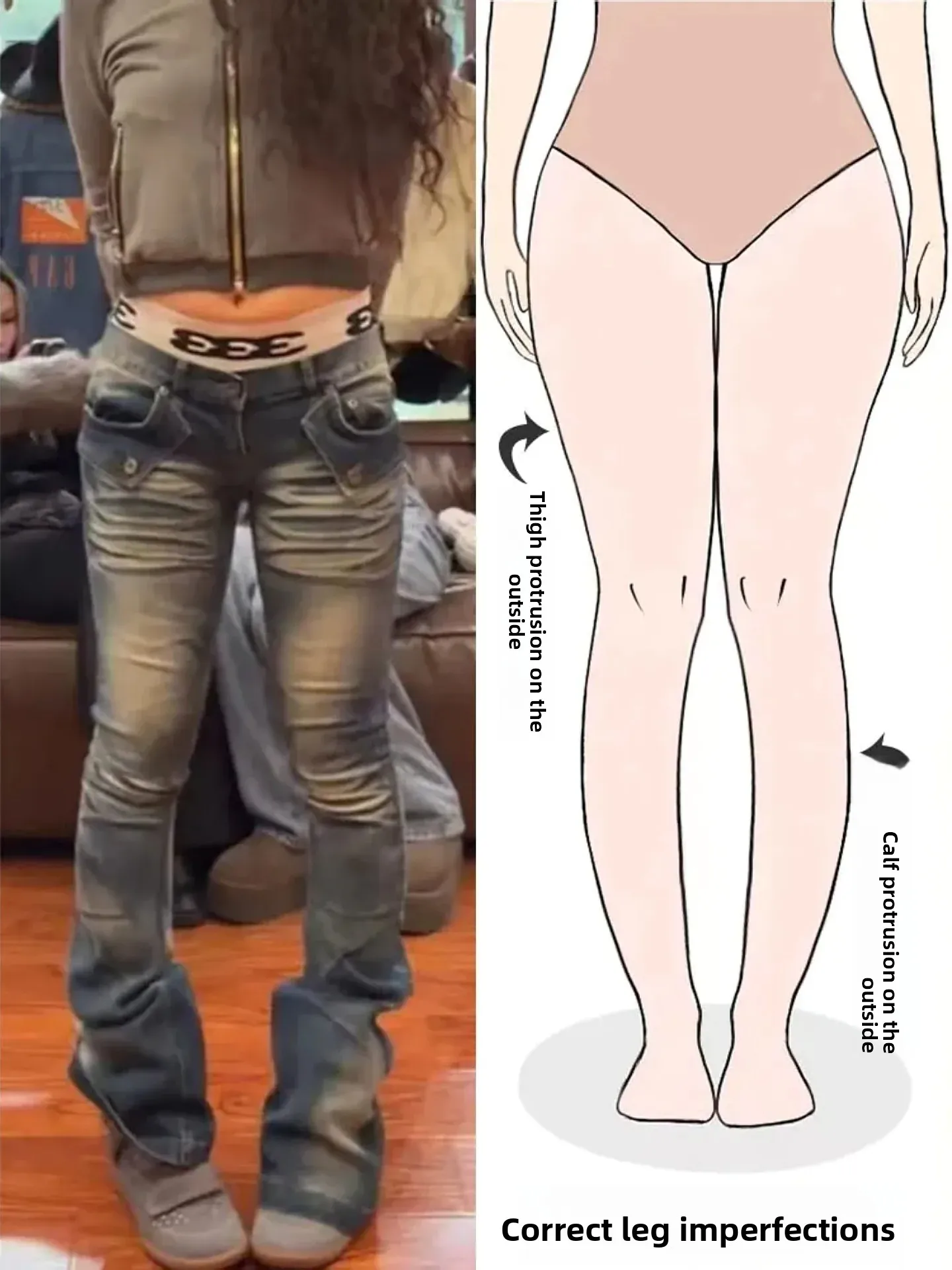 

Retro Style Bell Bottom Denim Jeans Women's Spring New Fashion Pocket Design Low Waist Skinny Jeans Vintage Look Ladies Pants