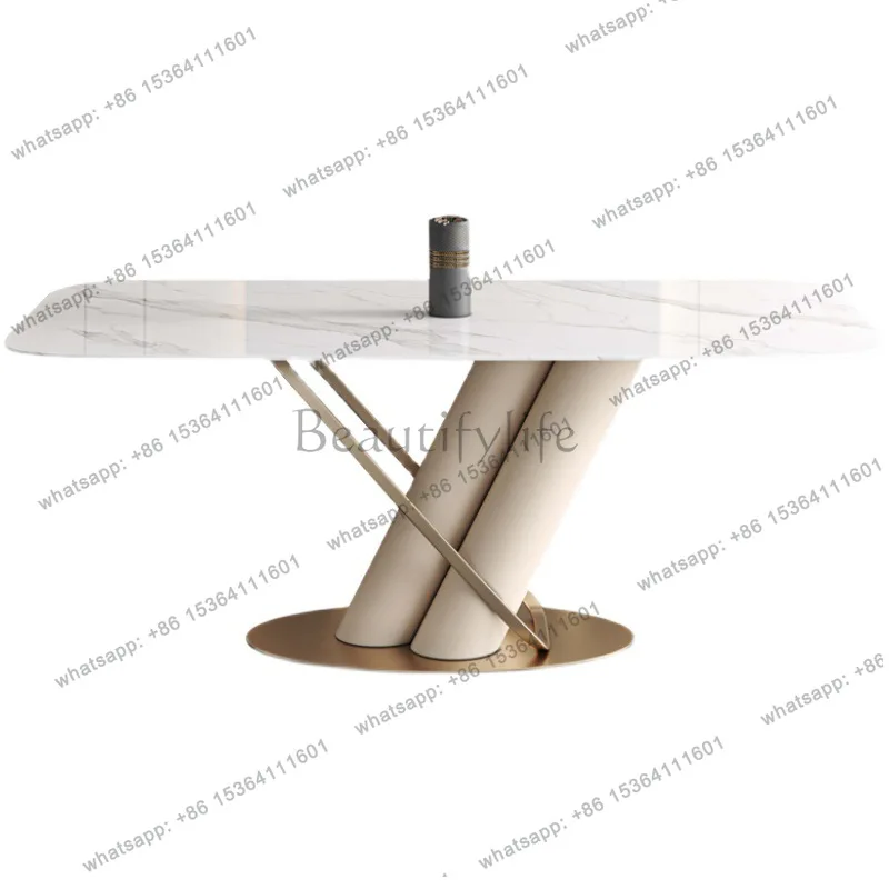 

Modern light luxury simple rock slab dining table design creative golden eating table