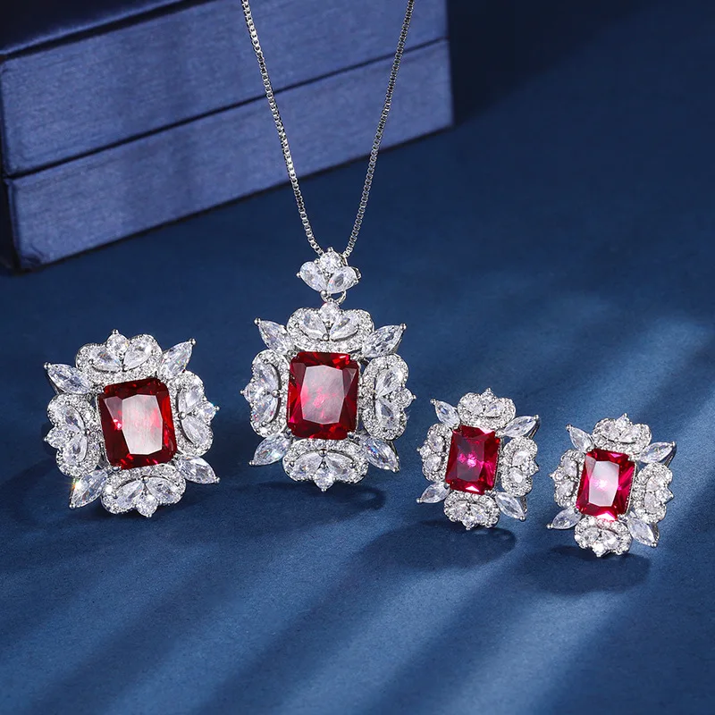 

Jewelry with copper base and gold plating, new model red corundum rectangular light luxury texture set 10*12-7*9