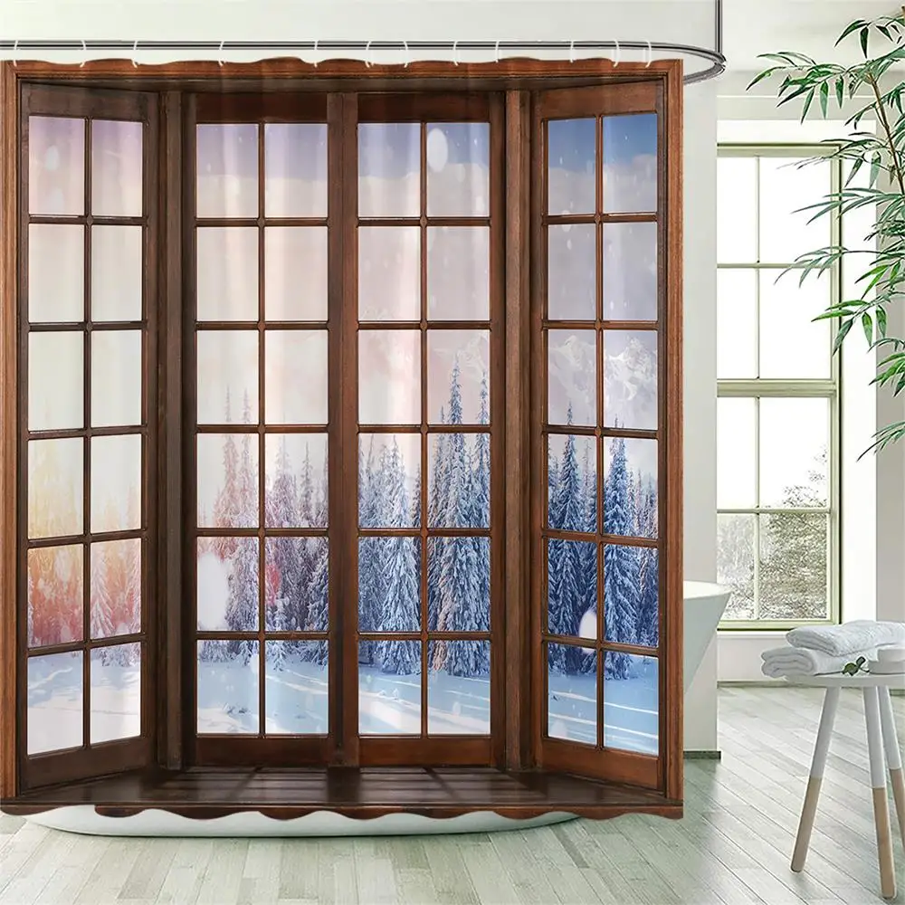 Winter Forest Shower Curtains Brown Window Park Snow Nature Landscape Polyester Cloth Washable Bathroom Curtain Decor with Hooks