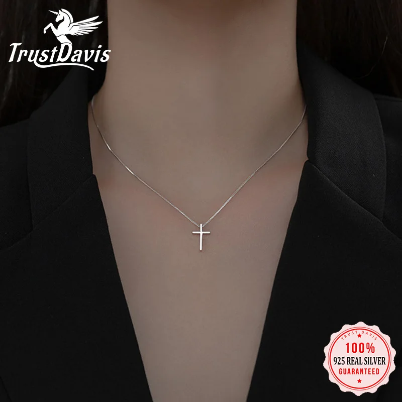 TrustDavis Real 925 Sterling Silver Fashion Sweet Cross Pendant Box Chain Necklace For Women Wedding Party Fine Jewelry DA2710