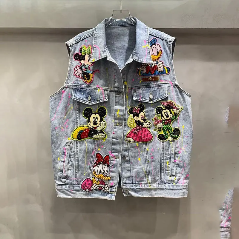 

Модные граффити с бусинами, мультяшная вышивка, свободные кардиганы, пальто, универсальная джинсовая куртка без рукавов, новый весенний студенческий жилет