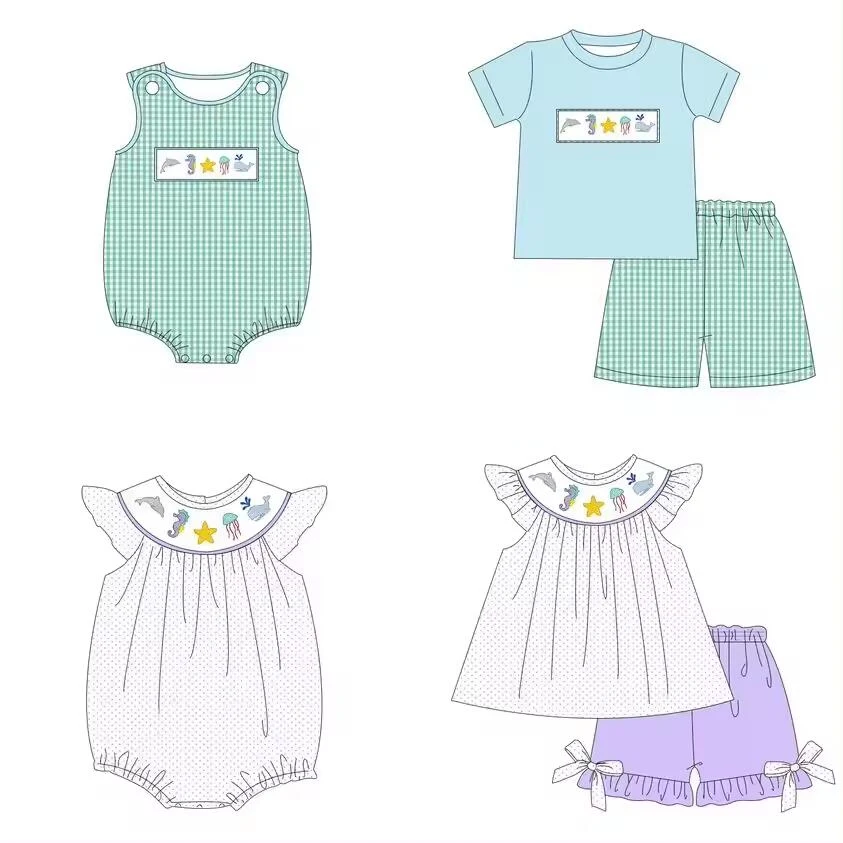 Toddler girls set baby boy clothes Summer children's clothing wholesale seahorse starfish jellyfish print short sleeve set