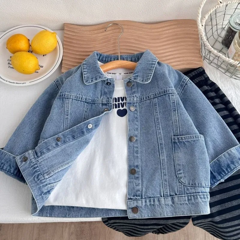 New Kids Denim Jacket for Boys Spring Autumn Korean Style Fashionable Stand Collar Jacket Outerwear for Kids