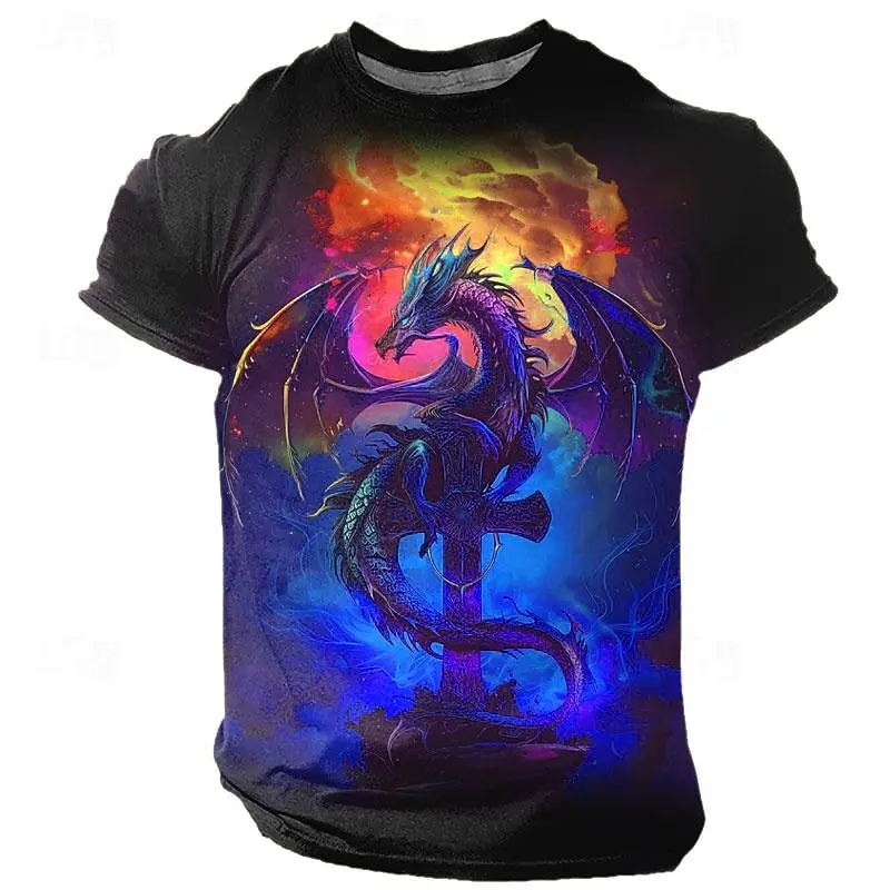 T-shirt à manches courtes et col rond pour hommes, imprimé dragon 3D, motif animal drôle, respirant, décontracté, été, mode