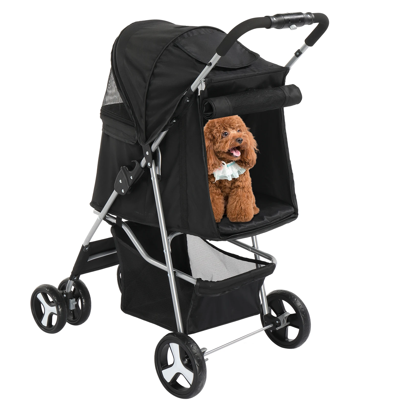 4 Wheels Pet Stroller, Dog Cat Stroller for Small/Medium Pets, Foldable with Cup Holder, Removable Liner, Storage Basket, Black.