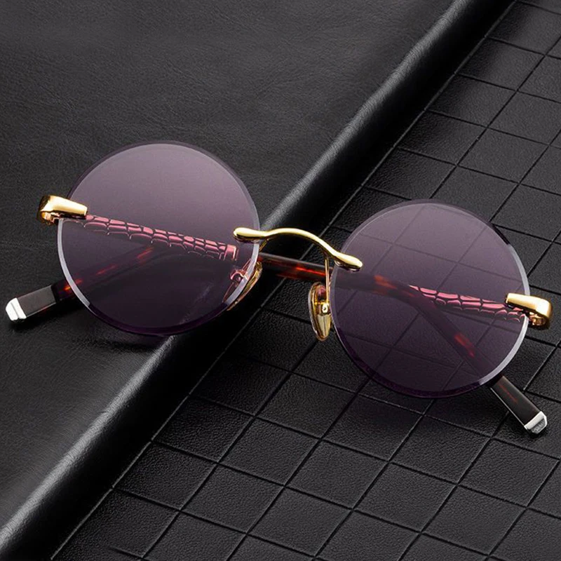 Purple Crystal Stone Glass Sunglasses Man Rimless Round Sun Glasses Woman Mineral Lens Acetate Frame Anti Scratch Top Quality