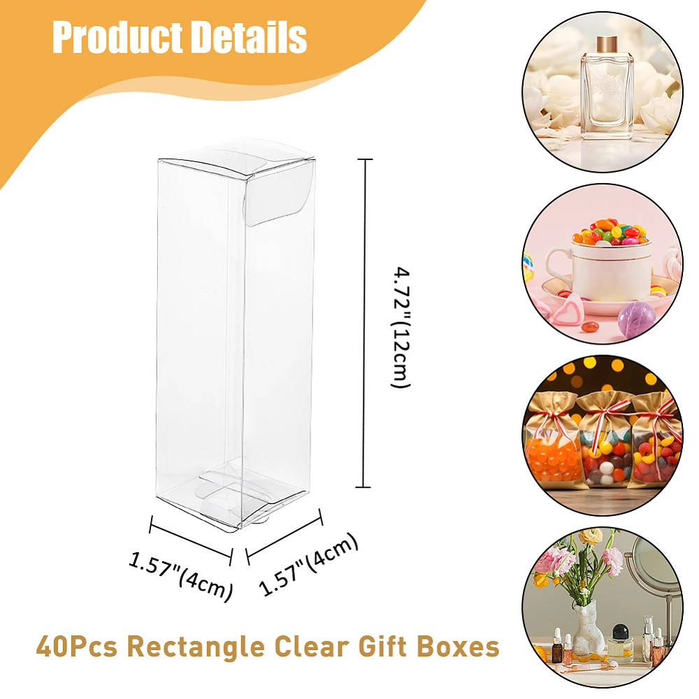 40Pcs 1.57 x 1.57 x 4.72 Clear PVC Plastic Gift Boxes Rectangle Waterproof Clear Favor Boxes Transparent Folding Gift Packaging