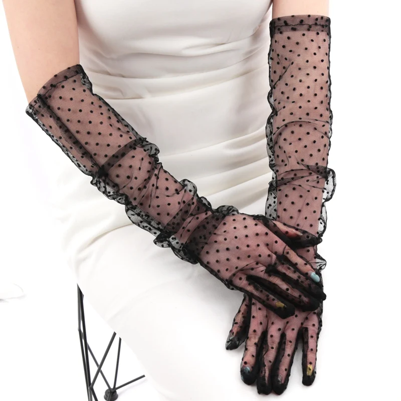 Women Sexy Lace Black Gloves Gauze Wavy Dot Mittens Fashion Sunscreen Breathable Bridal Wedding Etiquette Long Fishnet Gloves