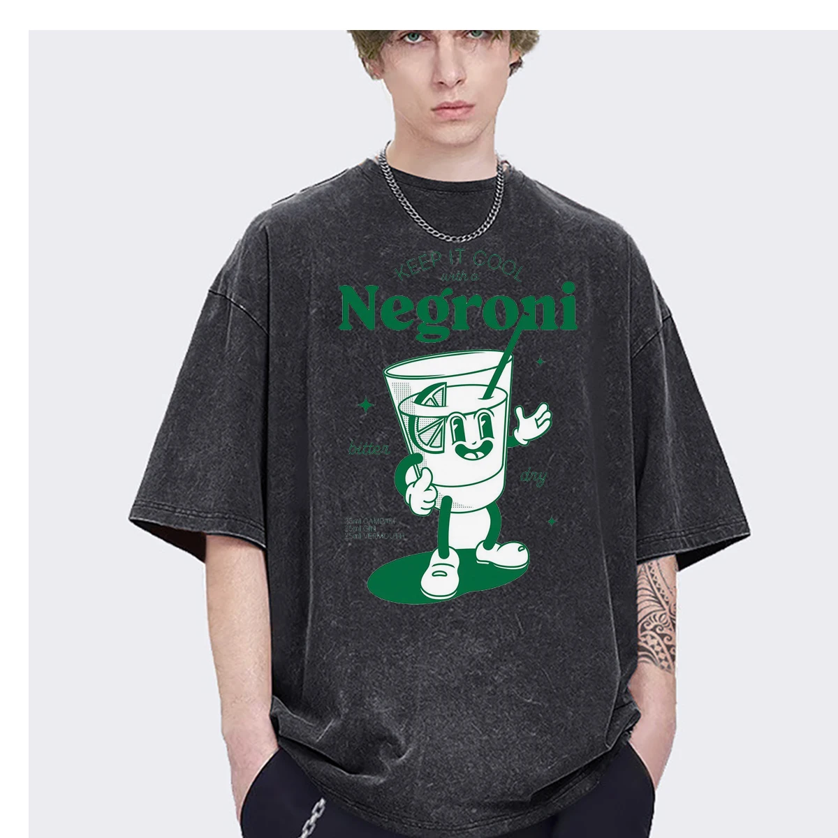 Negroni retro style cocktail drinking cute Cartoon Oversized t shirt men Women Fashion Casual Vintage Washed Streetwear Cotton