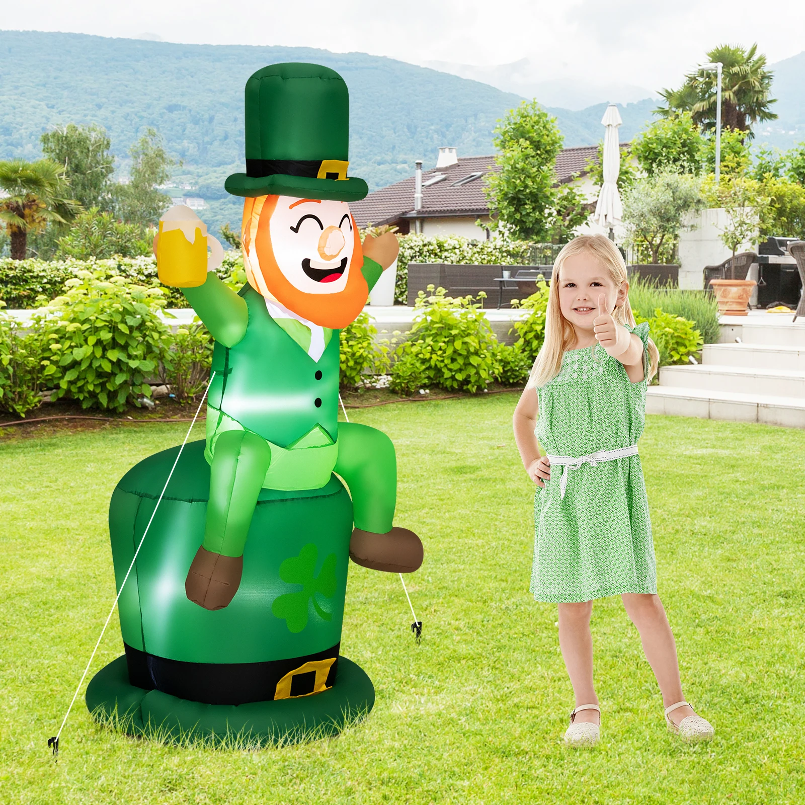 5 FT St Patrick's Day Inflatable Decoration Leprechaun Sitting on Hat for Yard