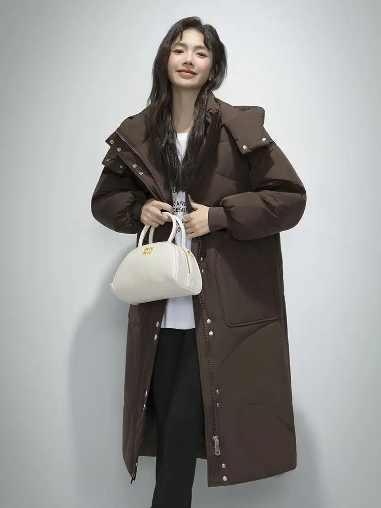 

Зимний новый толстый пуховик средней длины, женский дизайн с капюшоном, свободная теплая белая утиная пуховая однотонная куртка с большим карманом