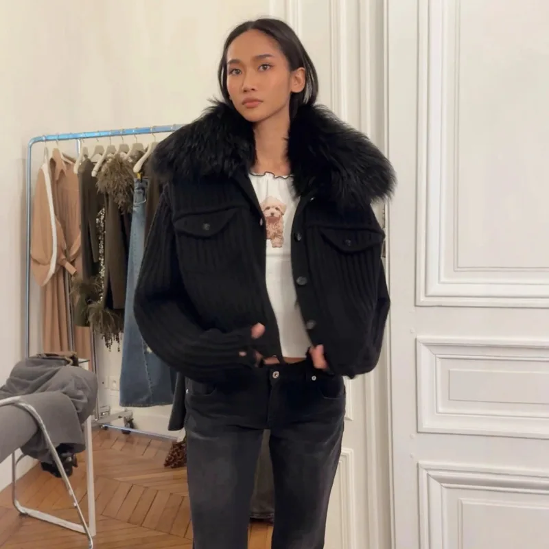 الفاخرة الفراء طوق الوزن الثقيل مضلع سترة 2025 جديد BL مصمم الأزياء القابلة للإزالة الفراء طوق معطف سيدة أنيقة ودافئة تريكو