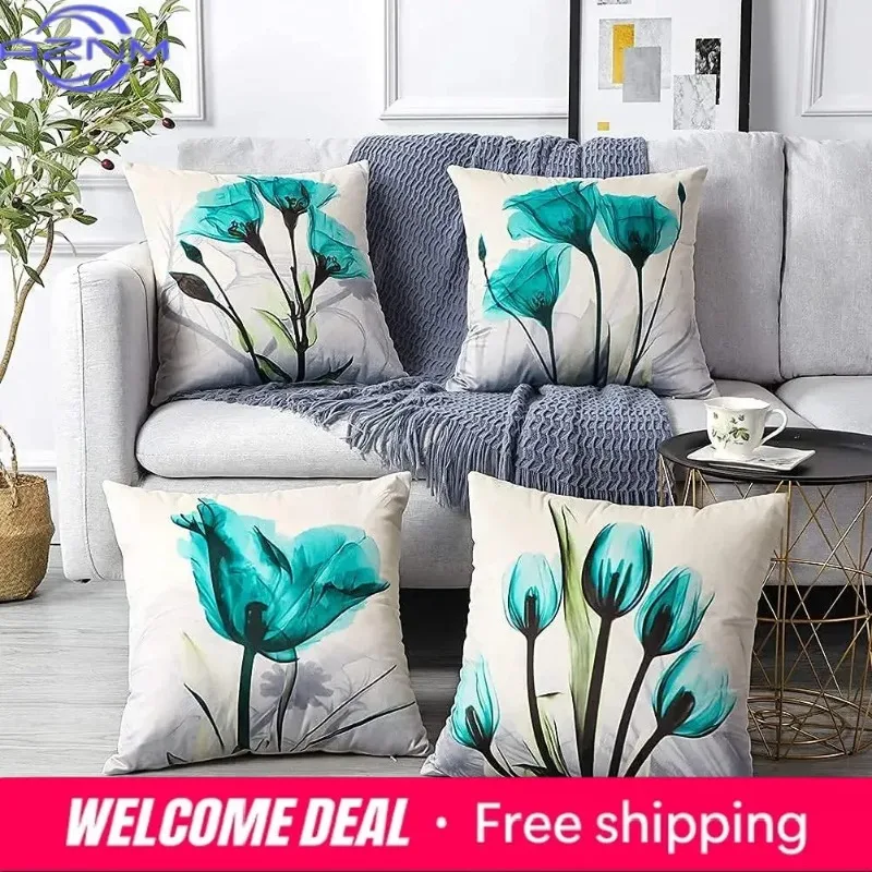 Cyan Watercolor Flower Linen Cushion Cover Upholstery, Pillowcase Home Decor, For Sofa, Car, Bedroom 40x40 45x45 50x50 60x60