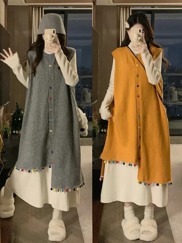 

Вязаный жилет большого размера, комплект с юбкой, высокий воротник, базовый слой, женская мода, осень-зима, нерегулярный цвет, дизайн на пуговицах, два предмета...