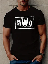 Men's NWO Letter Print Short Sleeve T-Shirts, Comfy Casual Elastic Crew Neck Tops For Men's Outdoor Activities