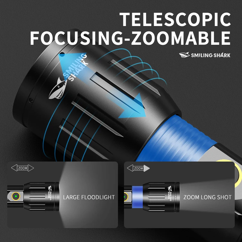1pc sorridente tubarão SD-7015 lanterna led, lanterna portátil super brilhante, luz de flash de longa duração recarregável para ao ar livre