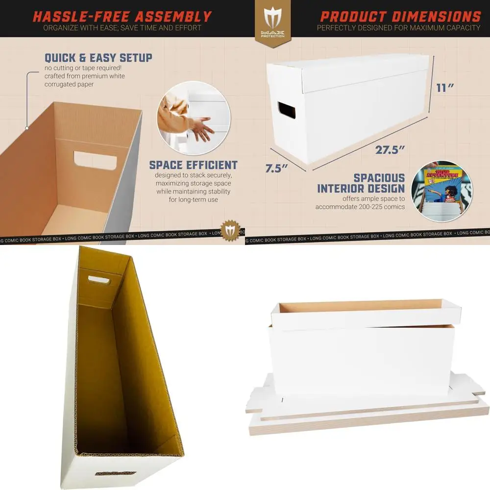 

Набор из 4 длинных коробок для хранения комиксов из белого картона — штабелируемые, прочные футляры для комиксов, журналов, коллекционных предметов