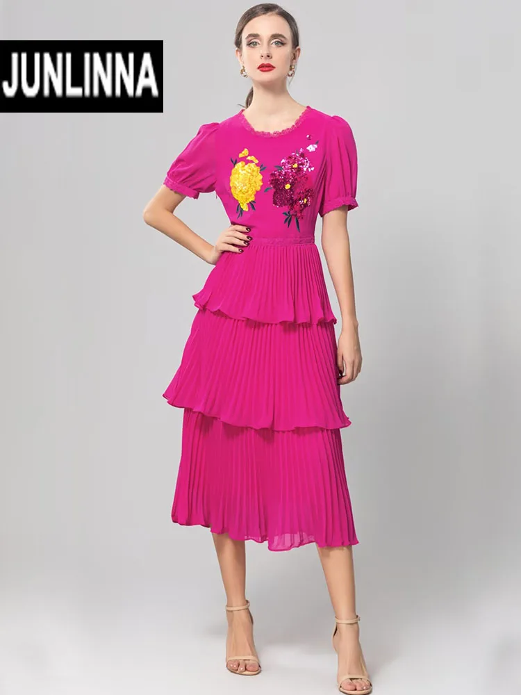 

JUNLINNA Spring Summer Women Cake Dresses O-Neck Short Sleeve Pleated Midi Vestidos Sequins Embroidery Flower Party Holiday