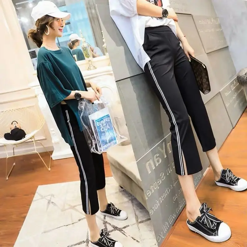 Summer Thin New Calf-Length Pants Slim Irregular Flare Femme Oversized Simplicity Solid Color Elastic Waist Trousers Women\'s