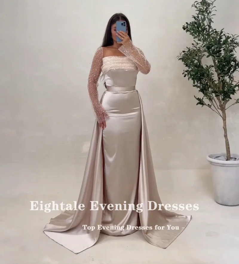 Eightale champanhe noite vestidos com saia destacável personalizado mangas compridas Prom Party vestido casamento sukienki na studniówkę