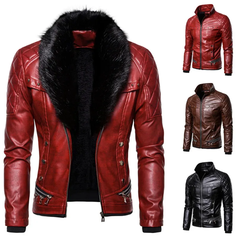 2021 New Design Motorcycle Bomber Add Wool Leather Jacket Men Autumn Turn Down Fur Collar Removable Slim Fit Male Warm Pu Coats