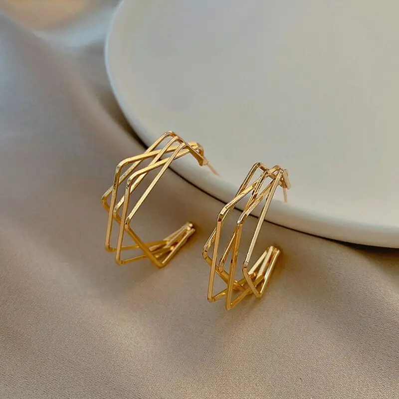 Golden Multi-layer Square Hoop Earrings, Minimalist Geometric Open Frame Earrings for Women Trendy Daily Party Jewelry Gift
