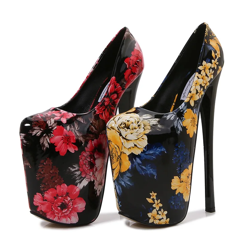 Caca 22Cm Hoge Hakken, Vrouwen Platform Pumps,Sexy Podiumshow Pole Danceshoes, Ronde Neus, Slip On, Bloemenprint, Blauw, Rood, Big Size 50