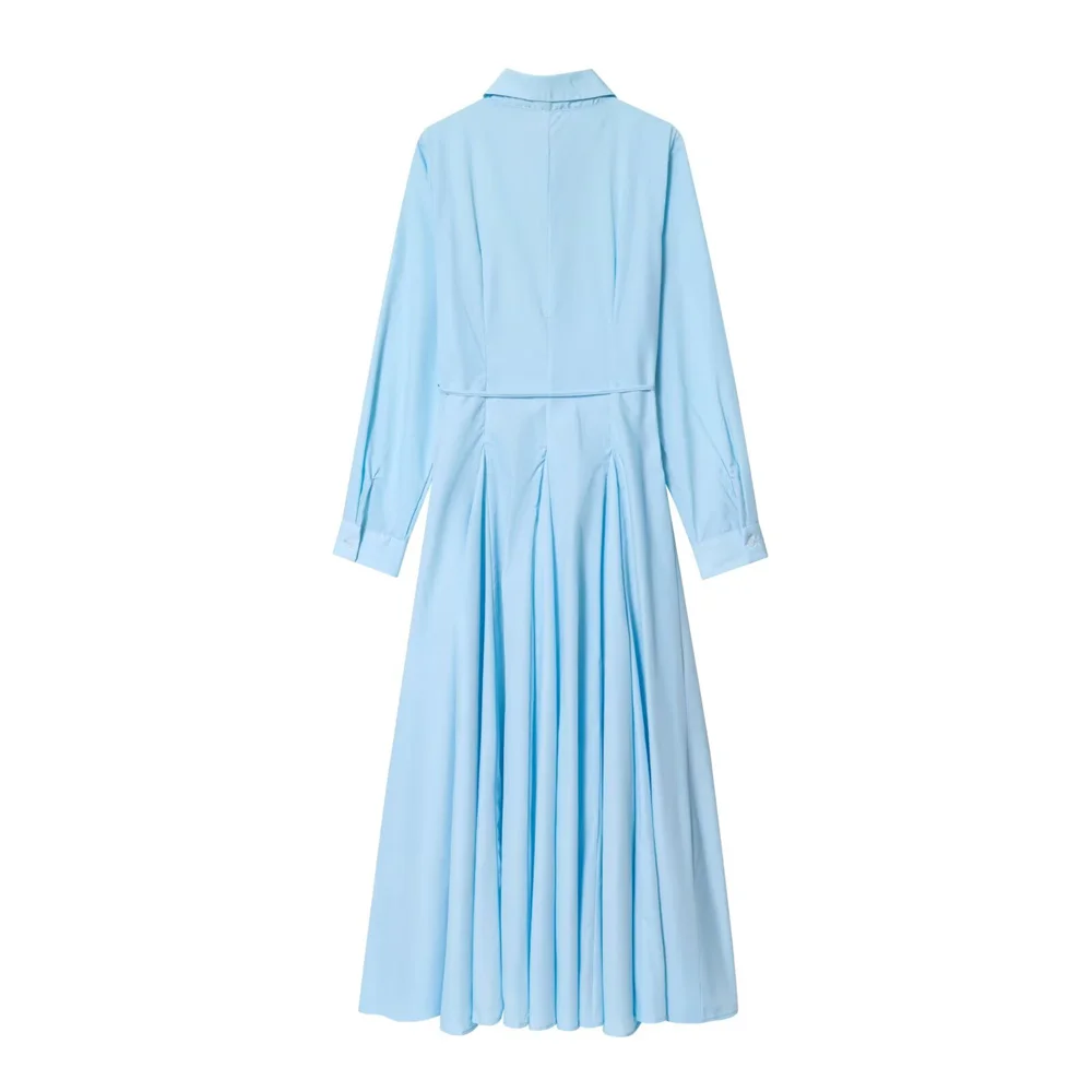 dames nieuwe stijl temperament slim fit revers lange mouwen vetersluiting decoratie casual effen kleur shirt lange jurk