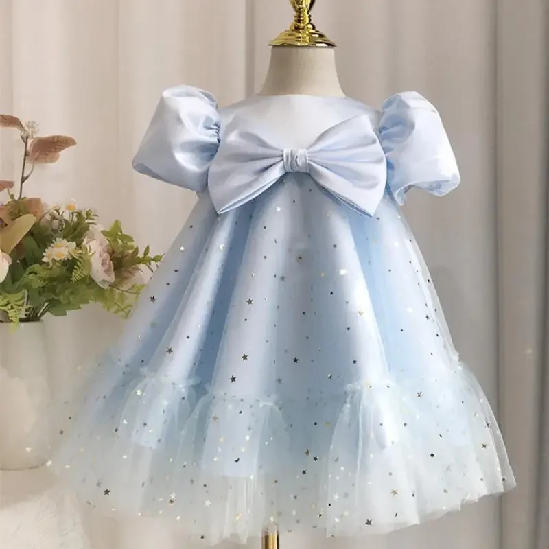 Big Bow Baby Girls Princess Dress Sequin Sweet Dresses Tulle Children Short Sleeve Clothes Family Party Young Girl Prom Vestidos