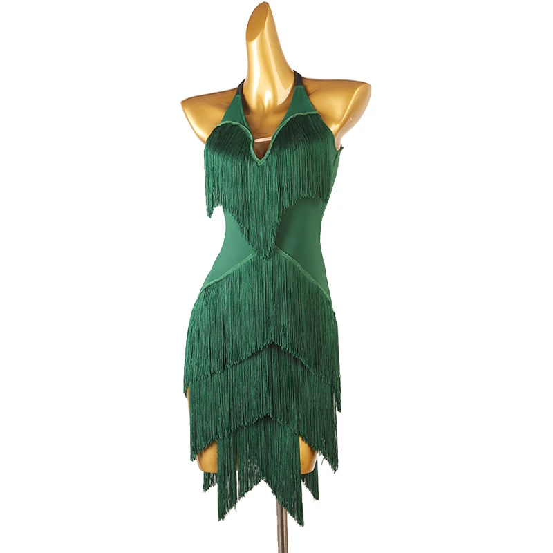 Robe de brevLatine Verte à Franges pour Femme, Tenue de Compétition, Collection Junior, 303, lq289