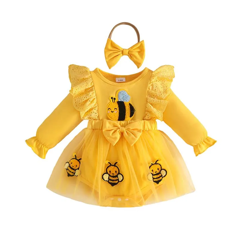 Baby Clothing Newborn Girl Dresses Long Sleeves Yellow Bee Tulle Bodysuit Skirts with Headband Cute Princess Dress 0–18 Months