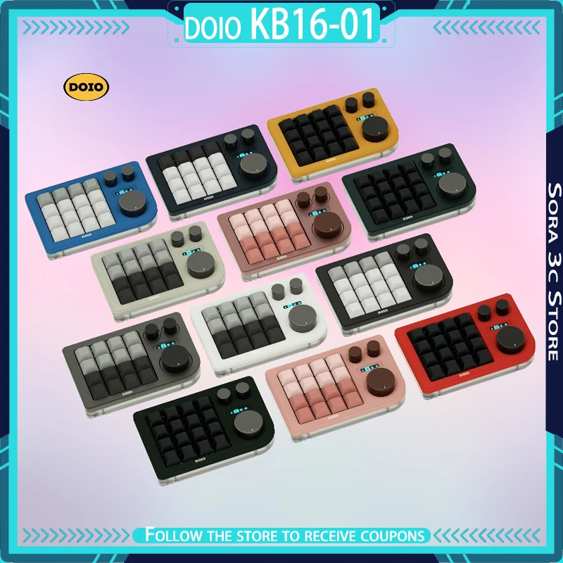 DOIO KB16-01 Mini Mechanical Keyboard 3 Knobs Custom Key QMK VIA Gasket Structure Office Keyboard Suitable for Designers