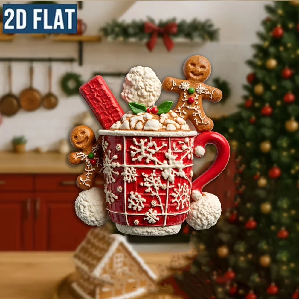 1pc 2D Flat Gingerbread & Hot Cocoa Magnet. Red Checkered Mug. Xmas Decor for Fridge, Whiteboard & Home