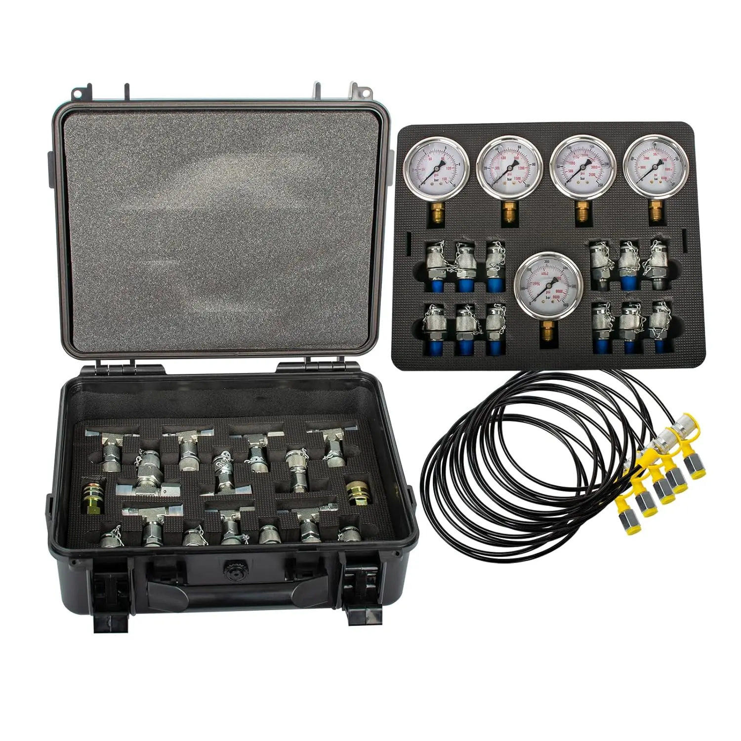 

Hydraulic Pressure Test Kit Set with 14 Couplings 14 Tee Connector 5 Gauges 5 Hoses for Excavator