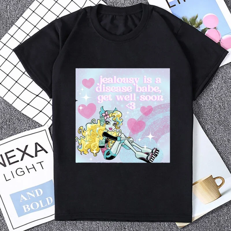 Kawaii Draculaura franky Stein clawdin Wolf T-Shirt Hot Girls Love Monster High Pink Heart Graphic T Shirt Fashion Casual Tees