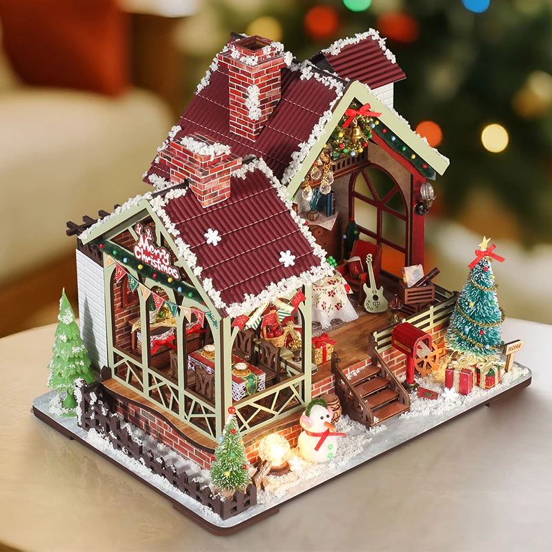 DIY 暖かいクリスマスロッジハウス木製ミニチュアモデルキット 3D パズル雪だるまドールハウス家具ドールハウス友人ギフト
