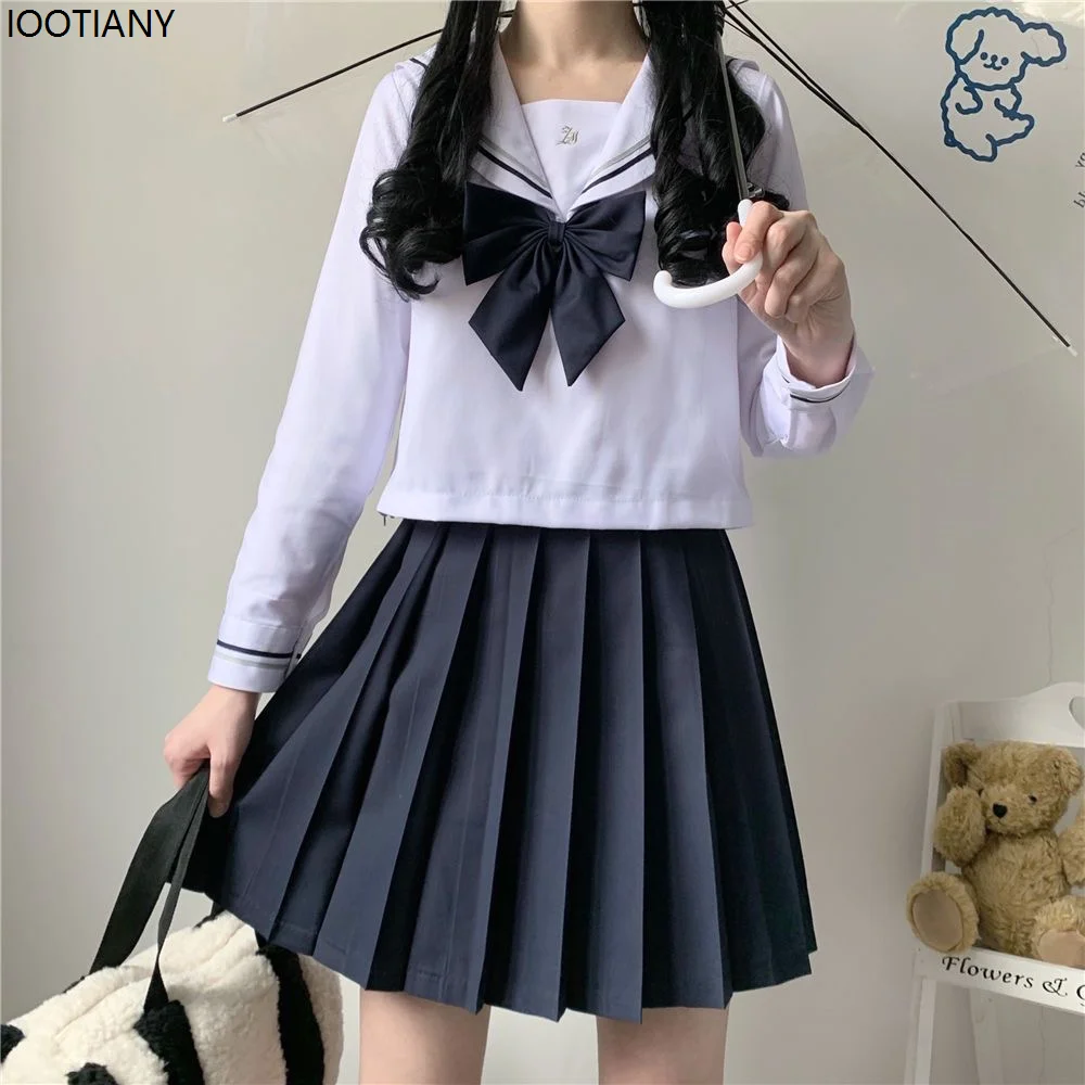 Japanese Female Student Jk Skirt Suit White Basic Style College Style Sailor Suit Bow Pleated Skirt High School Student Uniform