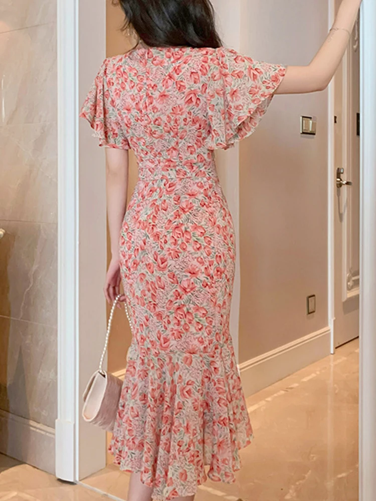 Urlaub Lange Kleider für Frauen Süße Elegante Chiffon Kurzarm Rüschen Gürtel Fischschwanz Robe Party Straße Urlaub Vestido Mujer