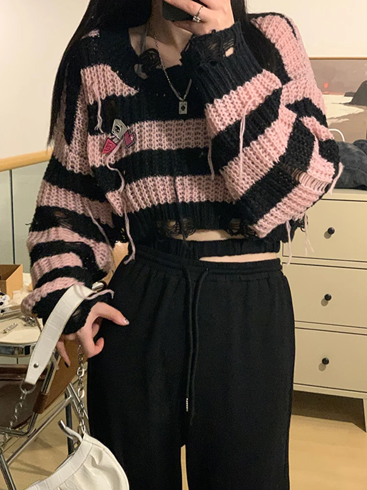 Pink Striped Gothic Sweaters Women Ripped Holes Loose Knitted Pullover Frayed Fairy Grunge Jumpers Streetwear Crop Tops Ladies