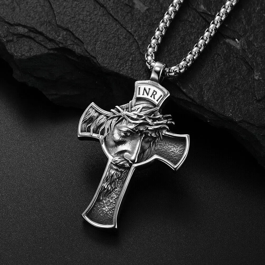 

316L Stainless Steel Jesus Christ Face Crucifix Cross Pendant, Men's Necklace Chains Chains