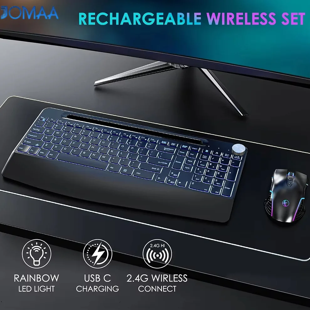 Aliexpress 7 Colors Backlit Keyboard With Slot and Wrist Rest Volume Knob Keyboard Jiggle Mouse Set,Full Size Rechargeable Keyboard Set - Aliexpress Deal