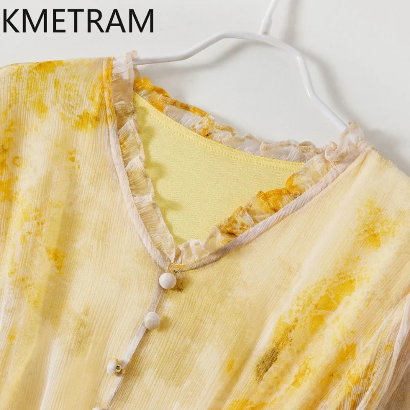 

KMETRAM 100% Real Mulberry Silk Dress Woman Summer 2025 Elegant Yellow Long Dresses Party Frocks Ladies Clothes платье женское